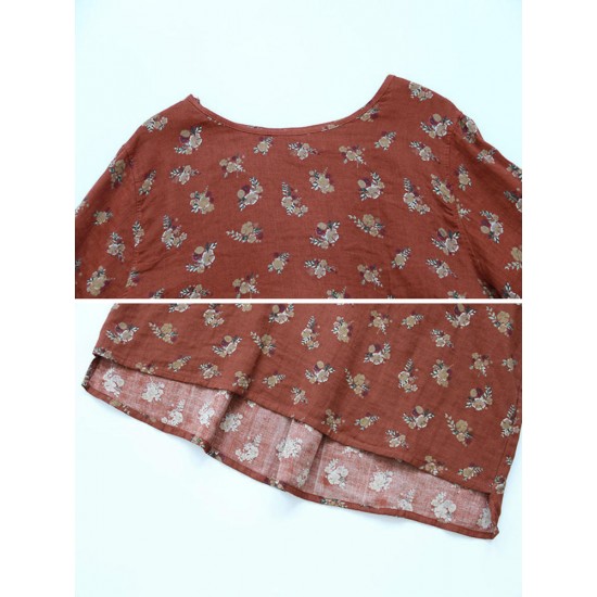 Casual Women Cotton Linen Floral Print High Low Hem Long Sleeve Blouse Casual Women Cotton Linen Floral Print High Low Hem Long Sleeve Blouse