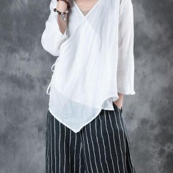 Casual Women Cotton Loose -V-Neck Cross Frenulum Irregular Hem Long Sleeve Blouse