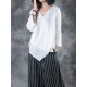 Casual Women Cotton Loose -V-Neck Cross Frenulum Irregular Hem Long Sleeve Blouse