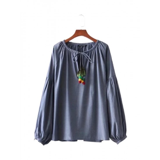 Casual Women Cotton Loose Long Sleeve O-Neck Blouse Casual Women Cotton Loose Long Sleeve O-Neck Blouse