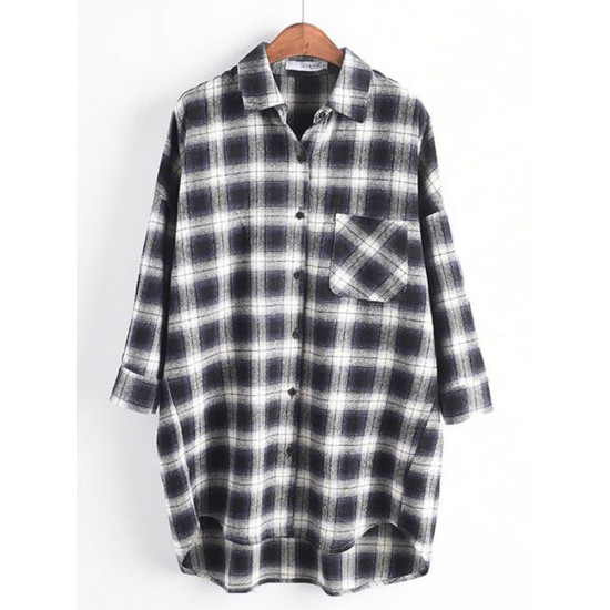 Casual Women Cotton Plaid Irregular Hem Long Sleeve Button Blouse with Pockets Casual Women Cotton Plaid Irregular Hem Long Sleeve Button Blouse with Pockets