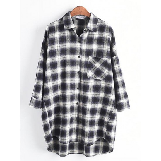 Casual Women Cotton Plaid Irregular Hem Long Sleeve Button Blouse with Pockets