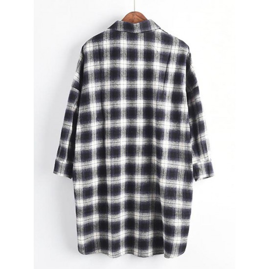 Casual Women Cotton Plaid Irregular Hem Long Sleeve Button Blouse with Pockets