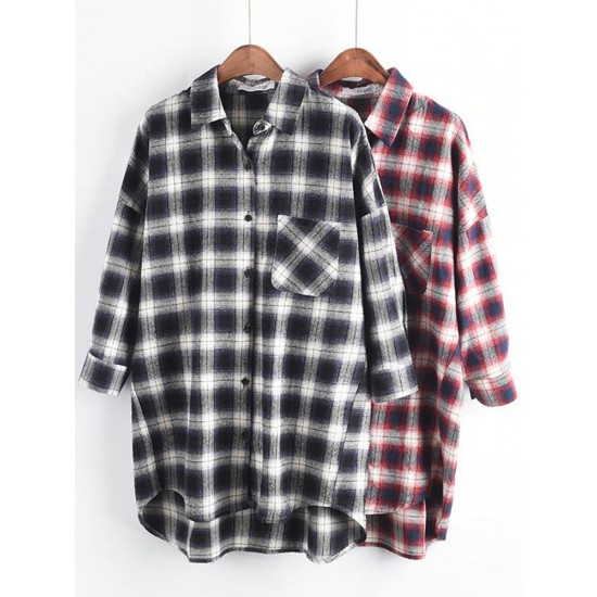 Casual Women Cotton Plaid Irregular Hem Long Sleeve Button Blouse with Pockets