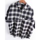 Casual Women Cotton Plaid Irregular Hem Long Sleeve Button Blouse with Pockets