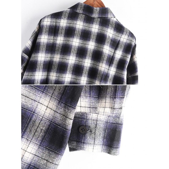 Casual Women Cotton Plaid Irregular Hem Long Sleeve Button Blouse with Pockets