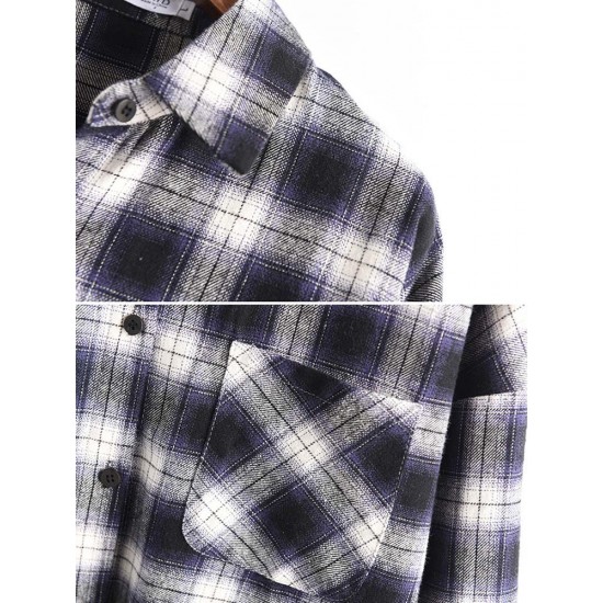 Casual Women Cotton Plaid Irregular Hem Long Sleeve Button Blouse with Pockets Casual Women Cotton Plaid Irregular Hem Long Sleeve Button Blouse with Pockets