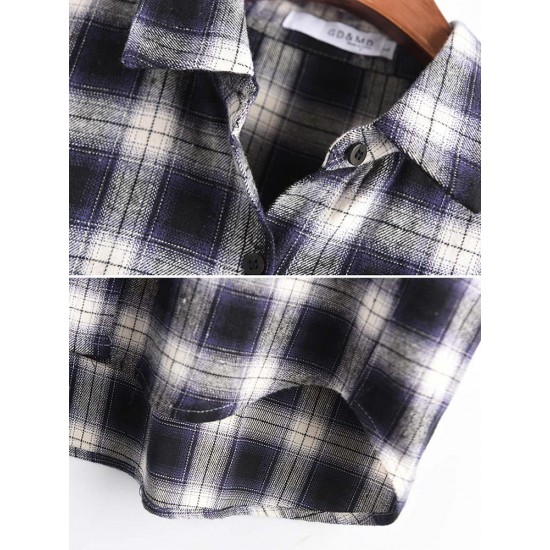 Casual Women Cotton Plaid Irregular Hem Long Sleeve Button Blouse with Pockets Casual Women Cotton Plaid Irregular Hem Long Sleeve Button Blouse with Pockets
