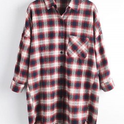 Casual Women Cotton Plaid Irregular Hem Long Sleeve Button Blouse with Pockets