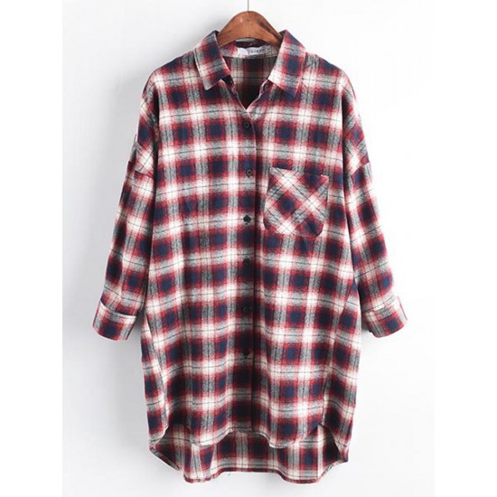 Casual Women Cotton Plaid Irregular Hem Long Sleeve Button Blouse with Pockets Casual Women Cotton Plaid Irregular Hem Long Sleeve Button Blouse with Pockets