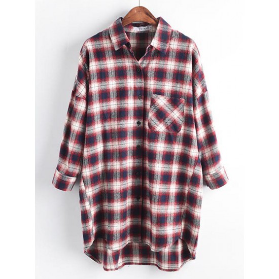 Casual Women Cotton Plaid Irregular Hem Long Sleeve Button Blouse with Pockets