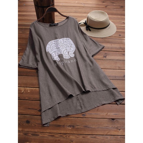 Casual Women Elephant Latter Print Irregular Short Sleeve Blouse