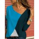 S-5XL Casual Women Color Patchwork Asymmetrical Collar Long Sleeve Blouse