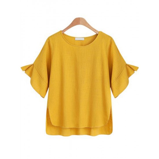 Solid Color Flare Sleeve  O-Neck High Low Loose Blouse