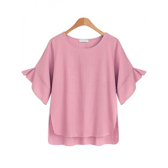 Solid Color Flare Sleeve  O-Neck High Low Loose Blouse