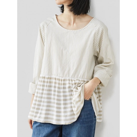 Women Casual Striped Patchwork Crew Neck Long Sleeve Blouse
