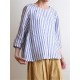 Women Crew Neck 3/4 Sleeve Casual Cotton Striped Blouse