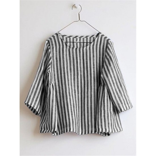 Women Crew Neck 3/4 Sleeve Casual Cotton Striped Blouse