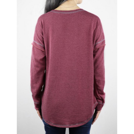 Autumn Winter Long Sleeve Patchwork Buttons Loose Casual T-shirts Autumn Winter Long Sleeve Patchwork Buttons Loose Casual T-shirts