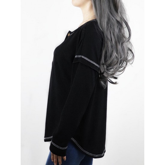 Autumn Winter Long Sleeve Patchwork Buttons Loose Casual T-shirts Autumn Winter Long Sleeve Patchwork Buttons Loose Casual T-shirts