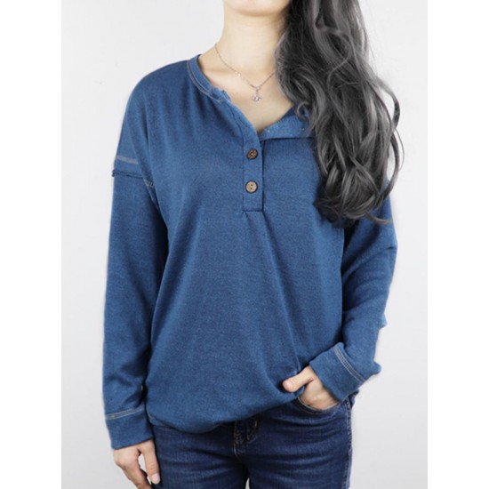 Autumn Winter Long Sleeve Patchwork Buttons Loose Casual T-shirts Autumn Winter Long Sleeve Patchwork Buttons Loose Casual T-shirts