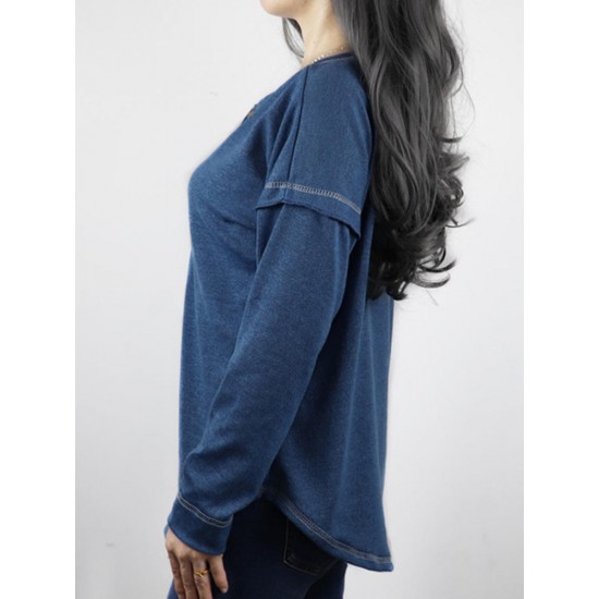 Autumn Winter Long Sleeve Patchwork Buttons Loose Casual T-shirts Autumn Winter Long Sleeve Patchwork Buttons Loose Casual T-shirts