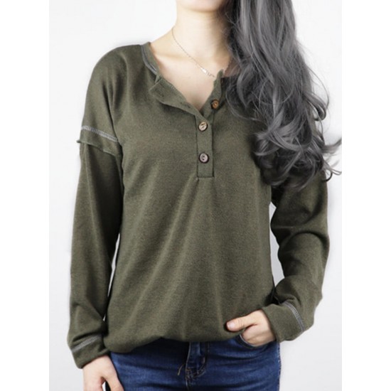 Autumn Winter Long Sleeve Patchwork Buttons Loose Casual T-shirts Autumn Winter Long Sleeve Patchwork Buttons Loose Casual T-shirts