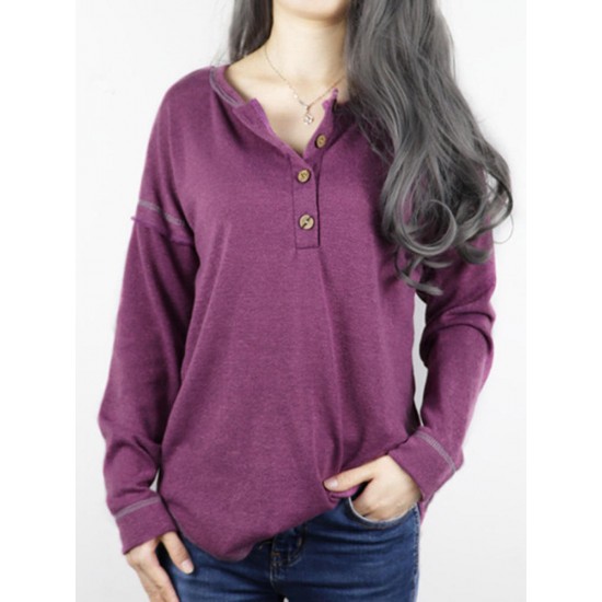 Autumn Winter Long Sleeve Patchwork Buttons Loose Casual T-shirts