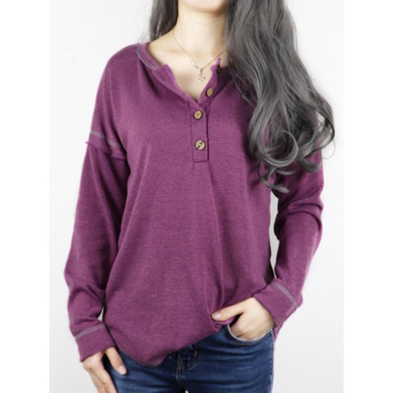Autumn Winter Long Sleeve Patchwork Buttons Loose Casual T-shirts Autumn Winter Long Sleeve Patchwork Buttons Loose Casual T-shirts