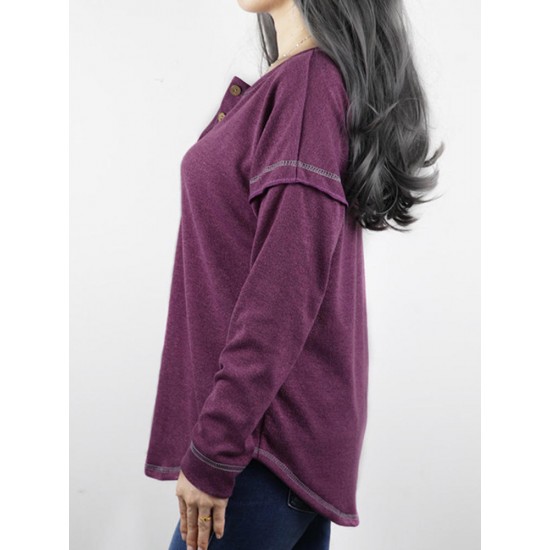 Autumn Winter Long Sleeve Patchwork Buttons Loose Casual T-shirts Autumn Winter Long Sleeve Patchwork Buttons Loose Casual T-shirts