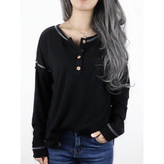 Autumn Winter Long Sleeve Patchwork Buttons Loose Casual T-shirts Autumn Winter Long Sleeve Patchwork Buttons Loose Casual T-shirts
