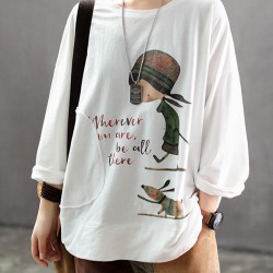 Casual Women Carton Print Loose Crew Neck T-Shirts