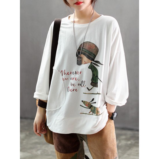 Casual Women Carton Print Loose Crew Neck T-Shirts