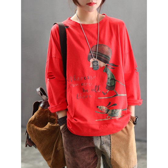 Casual Women Carton Print Loose Crew Neck T-Shirts