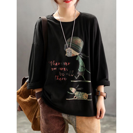 Casual Women Carton Print Loose Crew Neck T-Shirts