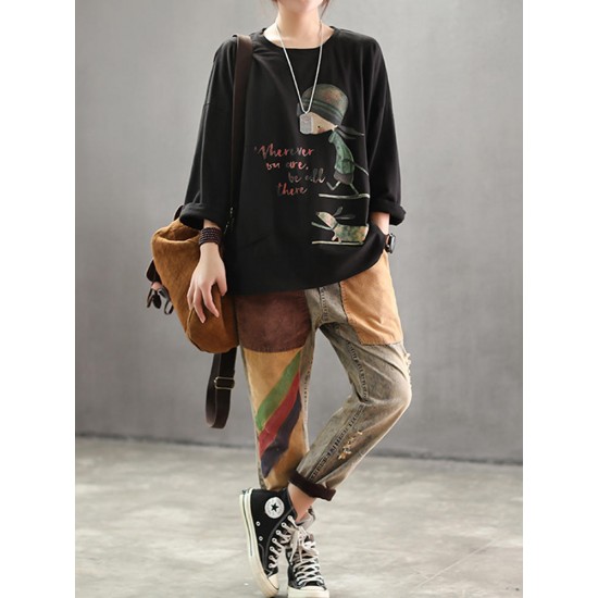 Casual Women Carton Print Loose Crew Neck T-Shirts