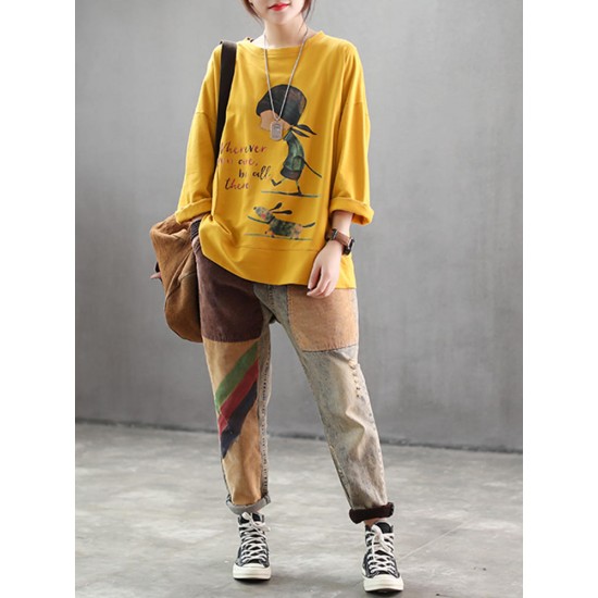 Casual Women Carton Print Loose Crew Neck T-Shirts