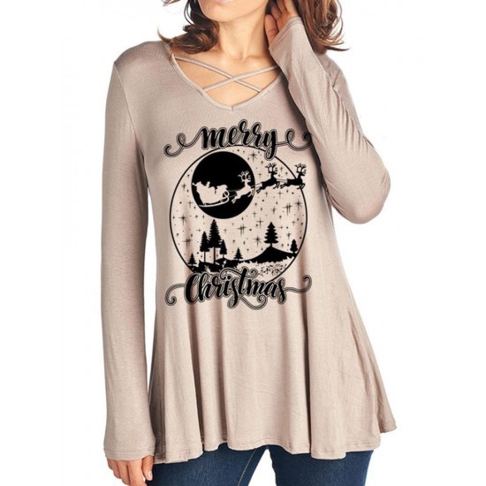 Casual Women Christmas Letter Print Front Cross Crew Neck Long Sleeve T-Shirts