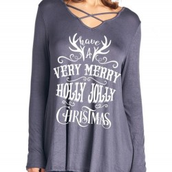 Casual Women Christmas Letter Print Front Cross Crew Neck Long Sleeve T-Shirts