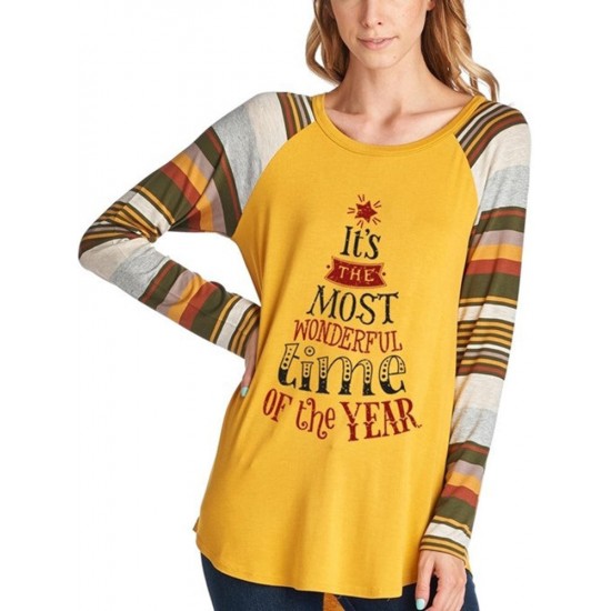 Casual Women Christmas Letter Print Striped Patchwork T-Shirts