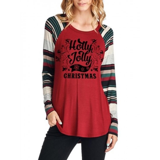 Casual Women Christmas Letter Print Striped Patchwork T-Shirts