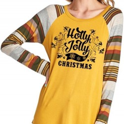Casual Women Christmas Letter Print Striped Patchwork T-Shirts