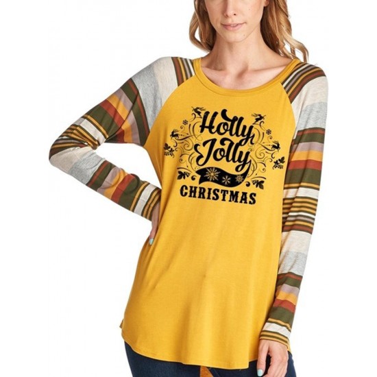 Casual Women Christmas Letter Print Striped Patchwork T-Shirts