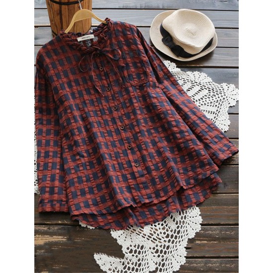 Casual Women Cotton Linen Pleated Plaid Button Irregular Hem Blouse