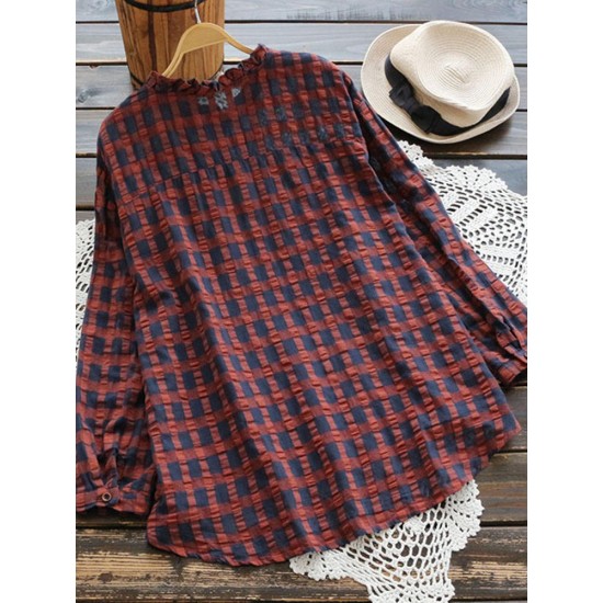 Casual Women Cotton Linen Pleated Plaid Button Irregular Hem Blouse