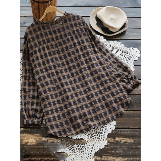 Casual Women Cotton Linen Pleated Plaid Button Irregular Hem Blouse