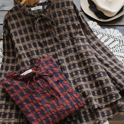 Casual Women Cotton Linen Pleated Plaid Button Irregular Hem Blouse