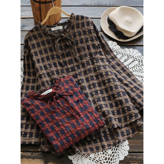 Casual Women Cotton Linen Pleated Plaid Button Irregular Hem Blouse