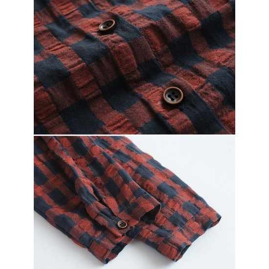 Casual Women Cotton Linen Pleated Plaid Button Irregular Hem Blouse