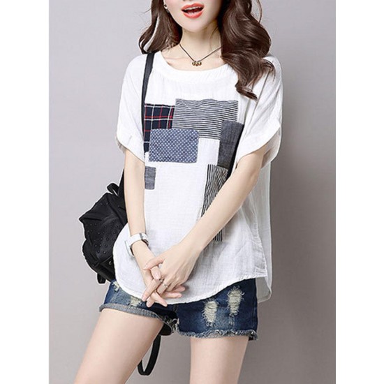 Casual Women Cotton Linen Short Sleeve O-Neck Tops